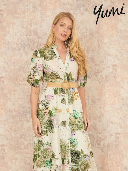 Yumi Green Broderie Anglaise Midi 100% Cotton Shirt Dress (H22212) | £80