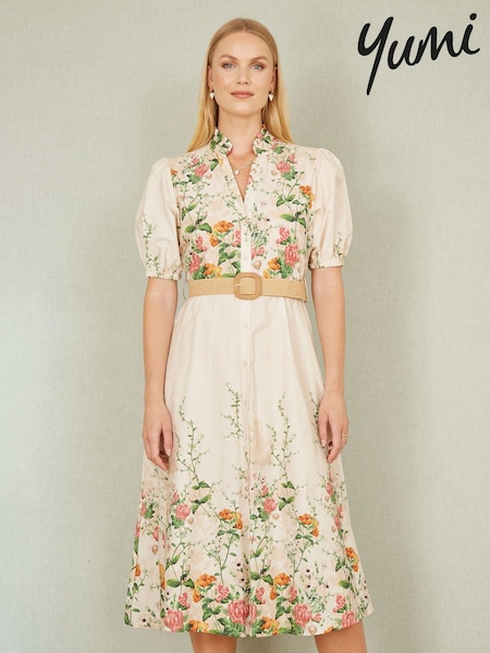 Yumi Cream Printed Midi Floral Print Placement 100% Cotton Shirt Dress (H22214) | £80