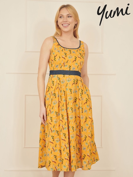 Yumi Yellow Floral Print Skater 100% Cotton Dress With Denim Trims (H22219) | £65