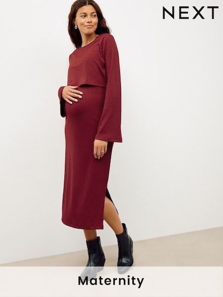 Burgundy Red Maternity Long Sleeve Nursing Shelf Dress (H22309) | £38
