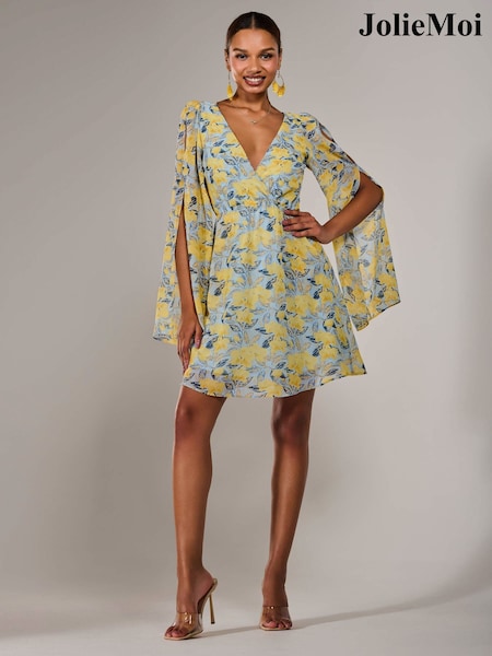 Jolie Moi Yellow Chiffon Split Sleeve Mini Dress (H22339) | £60