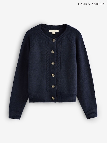 Laura Ashley Navy Cable Button Through Cardigan with a Touch of Wool (H22347) | £39