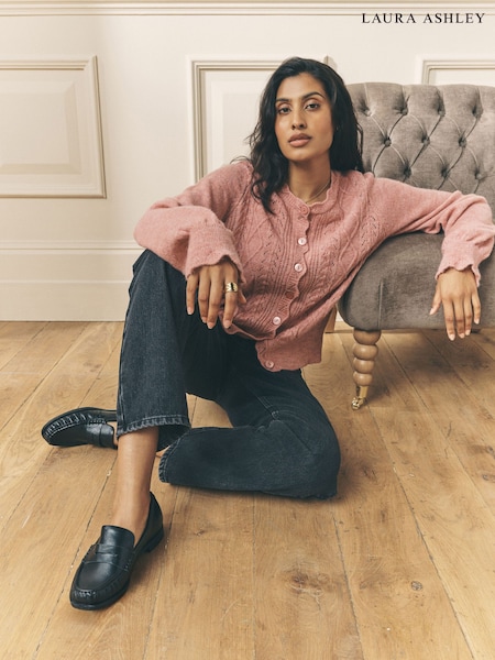Laura Ashley Dusty Rose Pointelle Button Through Scallop Cardigan With A Touch Of Wool (H22352) | £42