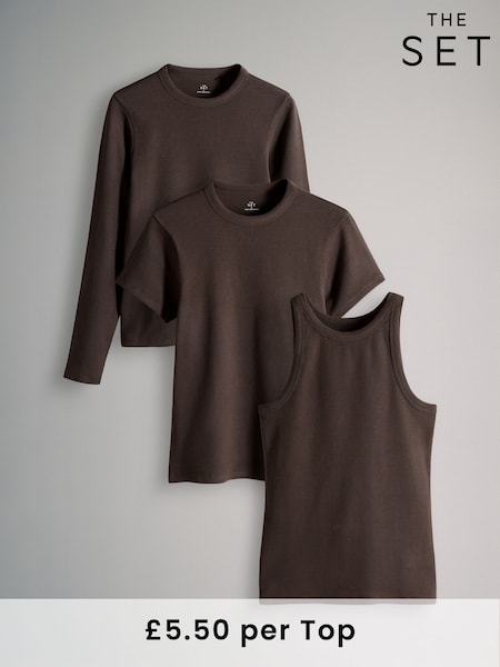 The Set Chocolate Brown 3 Pack Ultimate Ribbed Vest Short Sleeve Long Sleeve T-Shirts (H22359) | £16.50