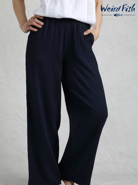 Weird Fish Blue Zelaya Doublecloth Wide Leg 100% Cotton Trousers (H22413) | £45