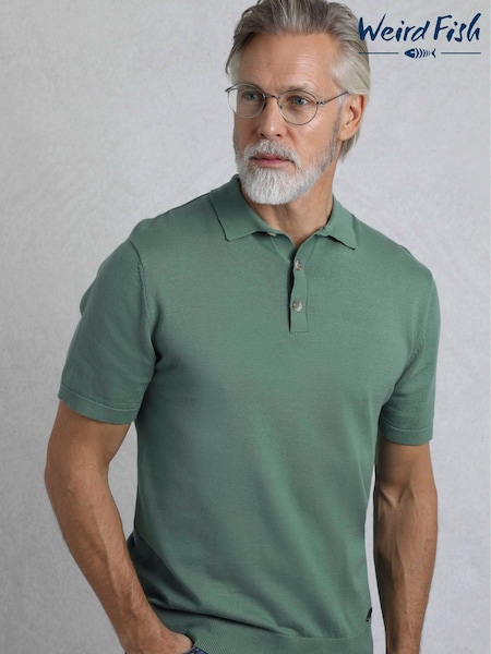 Weird Fish Green Quentin Short Sleeve Knitted 100% Organic Cotton Polo Shirts (H22415) | £45