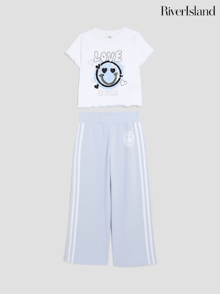 River Island Blue Girls 100% Cotton Smiley Track Pants Set (H22418) | £29