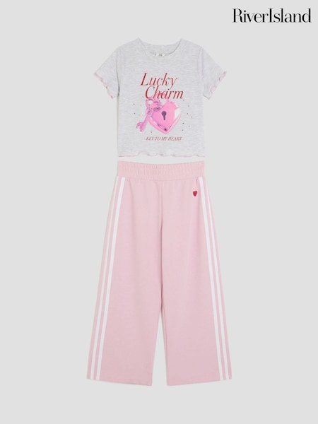 River Island Grey Girls Bow 100% Cotton Track Pants Set (H22419) | £29