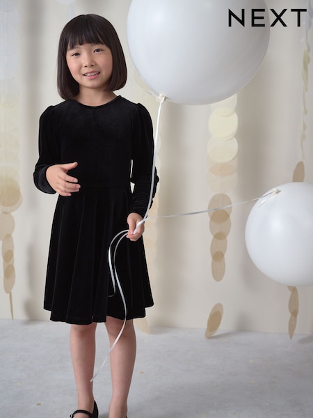 Black Long Sleeve Velvet Dress (3-16yrs) (H22422) | £15 - £20