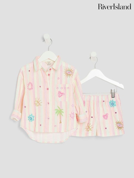 River Island White Girls Stripe Embroid Shirt Set (H22456) | £28
