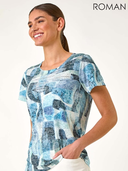 Roman Blue Abstract Leaf Print Diamante T-Shirt (H22470) | £32