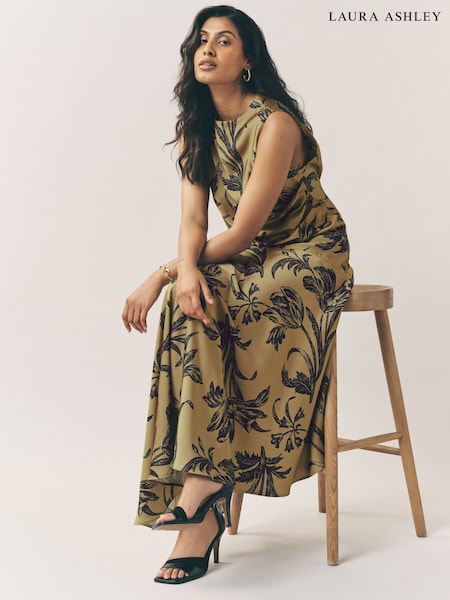 Laura Ashley Olive Green Lloyd Print Satin Asymetric Occasion Maxi Dress (H22509) | £75