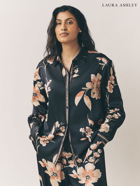 Laura Ashley Black/Red Long Sleeve Floral Satin Co-Ord Blouse (H22513) | £46