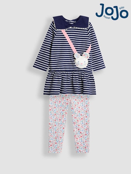 JoJo Maman Bébé Navy Blue Mouse Pocket Dress & Leggings Set (H22573) | £32 - £36