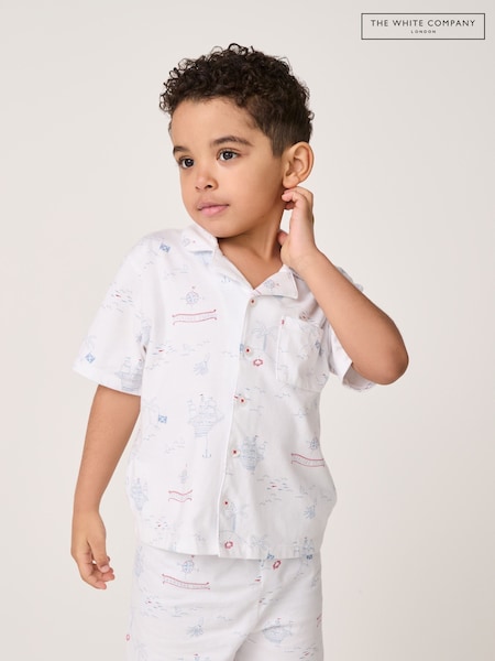 The White Company Relaxed Fit White 100% Cotton Treasure Island Jersey Traditional Short Pyjamas (H22610) | £30 - £32