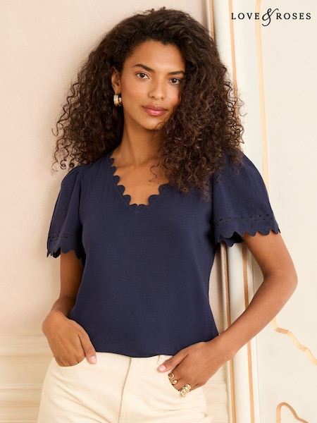 Love & Roses Navy Scallop V-Neck T-Shirt (H22649) | £25