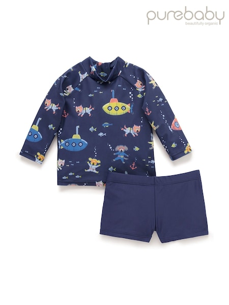Purebaby Blue Submarine Long Sleeve Rashie Shorts Set (H22667) | £28