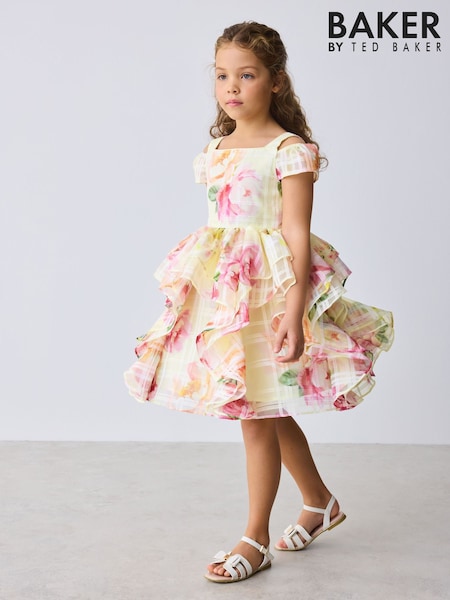 Baker by Ted Baker Yellow Burnout Organza Cap Sleeve Floral Dress (H22799) | £54 - £59