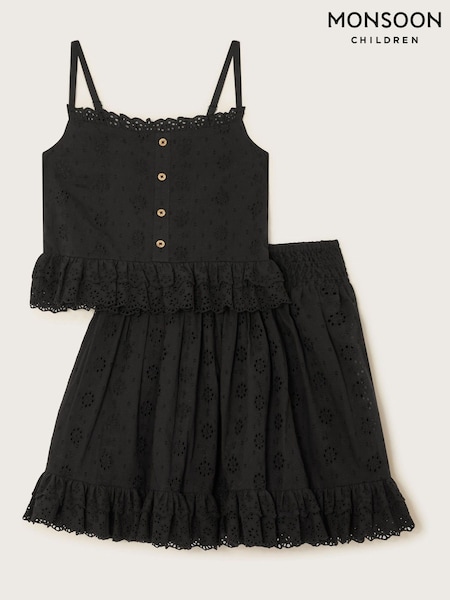 Monsoon Black Floral Broderie Cami 100% Cotton Top and Skirt Set (H22809) | £38 - £41