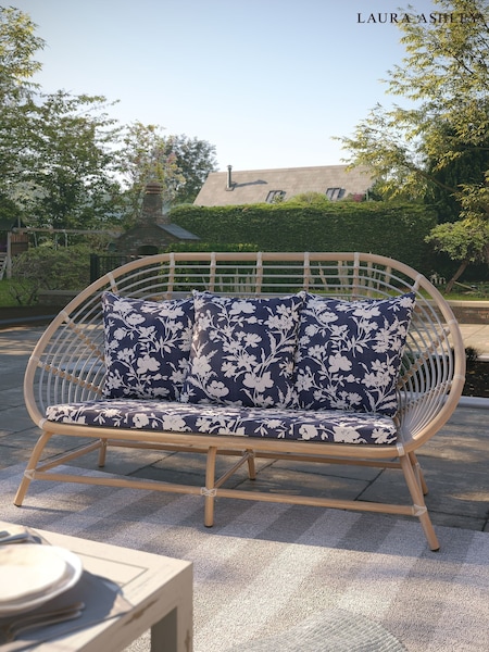 Laura Ashley White Havana Garden Rattan 2 Seater Sofa with Rye Midnig Cushions (H22882) | £680