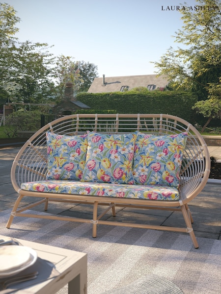Laura Ashley White Havana Garden Rattan 2 Seater Sofa with Tulips Cushions (H22896) | £680