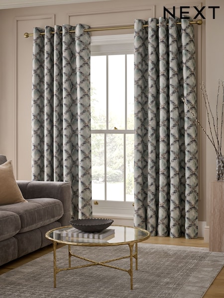 Blue Abstract Geometric Jacquard Eyelet Lined Curtains (H22940) | £90 - £190
