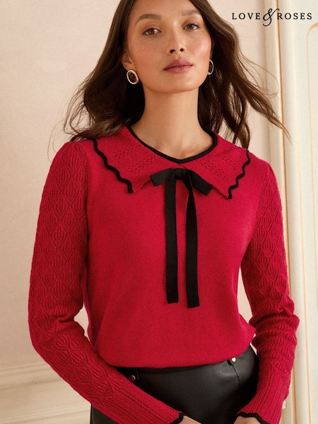 Love & Roses Red Tipped Bow Knitted Collar Jumper (H22953) | £40
