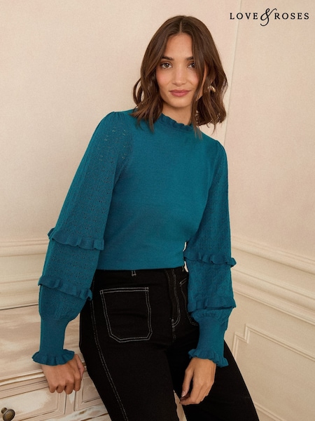 Love & Roses Teal Blue Frill Sleeve Pointelle Jumper (H22982) | £36