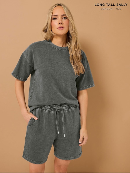 Long Tall Sally Black Acid Wash Sweat T-Shirt & Shorts Set (H23019) | £38