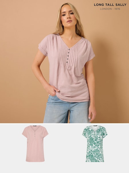 Long Tall Sally Green 100% Cotton Short Sleeve Pintuck Henley Tops 2 Pack (H23021) | £36