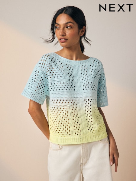 Yellow Blue Ombre Short Sleeve Crochet Crew Neck T-Shirt (H23060) | £32