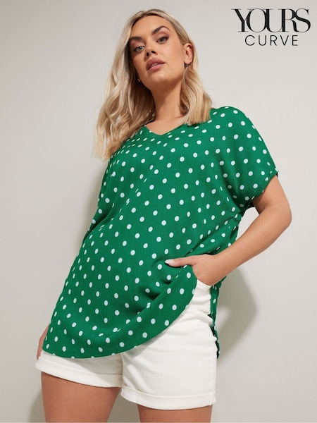 Yours Curve Green Dot Pleated Front Top (H23075) | £24