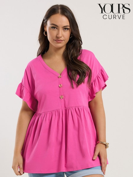 Yours Curve Pink Frill Sleeve Button Peplum 100% Cotton Top (H23084) | £22