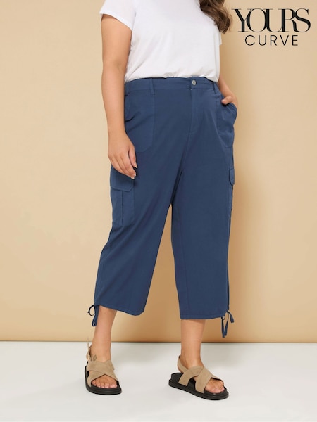 Yours Curve Blue Woven Cargo Cropped 100% Cotton Trousers (H23088) | £31