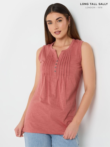 Long Tall Sally Pink 100% Cotton Sleeveless Pintuck Henley Top (H23093) | £20