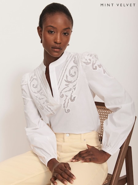 Mint Velvet White 100% Cotton Embroidered Blouse (H23115) | £89
