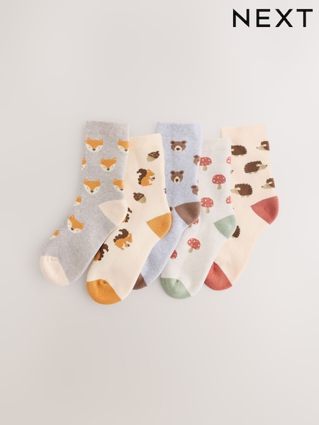 Ecru Woodland Animals Cosy Terry Cotton Rich Socks 5 Pack (H23128) | £8 - £9