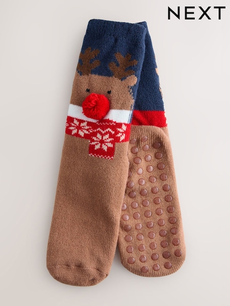 Brown/Navy Reindeer Christmas Cosy Socks 1 Pack (H23158) | £4.50 - £6.50