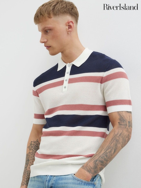 River Island Blue Mesh Stripe Polo Shirt (H23173) | £36
