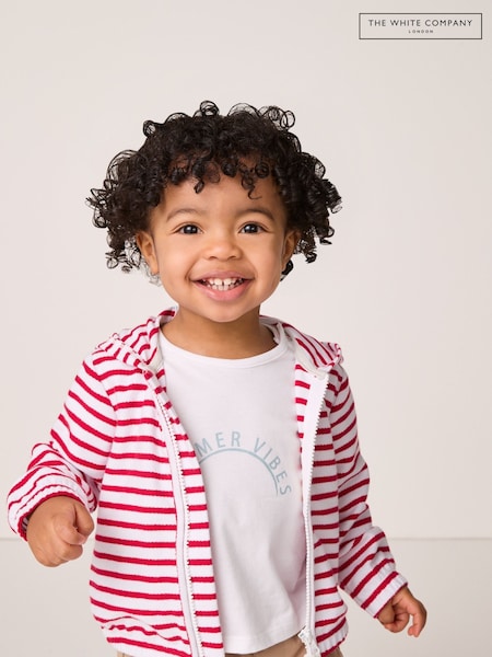The White Company 100% Cotton Terry Stripe Zip Hoodie Sun White T-Shirt and Shorts Set (H23312) | £52 - £54