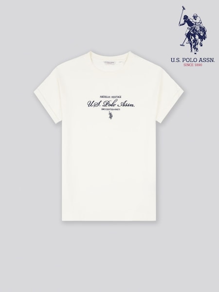 U.S. Polo Assn. Cream Womens Premium Graphic 100% Cotton Grown On Sleeve T-Shirt (H23434) | £30