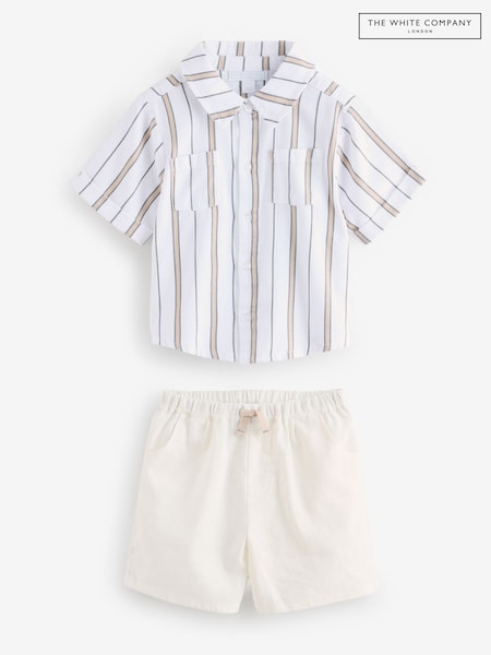 The White Company 100% Organic Cotton Stripe Shirt, Shorts & Hat Set (H23488) | £50 - £52