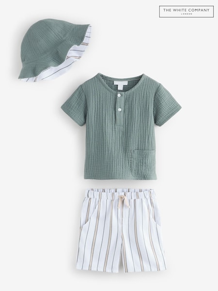 The White Company Green 100% Organic Cotton Crinkle Polo Top and Stripe Shorts Set (H23492) | £40 - £42
