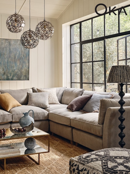 Oka Blue Stonewashed Linen Cushion Cover With Fringing (H23602) | £75