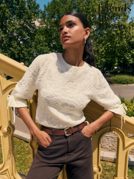 Friends Like These Ivory Volume Sleeve Floral Print Jacquard Top (H23670) | £36
