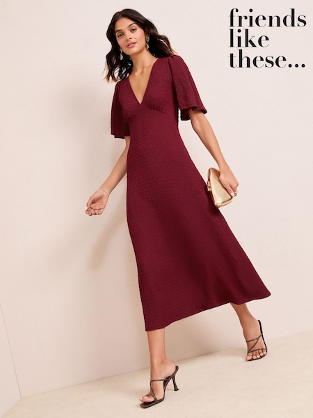 Friends Like These Burgundy Red Textured Jersey V-Neck Midi Dress (H23906) | £42