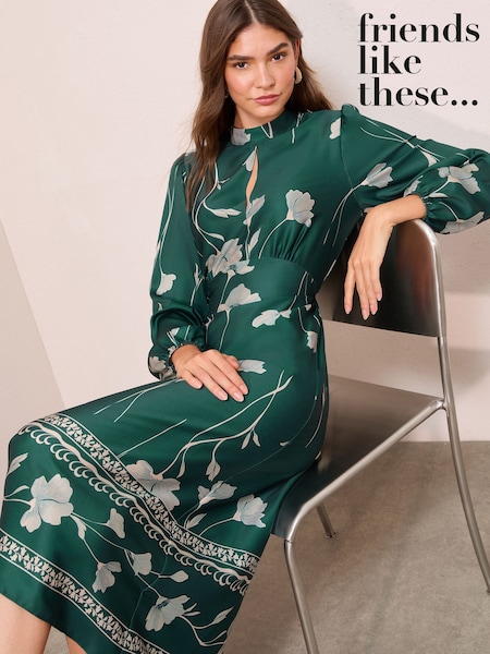 Friends Like These Green Floral Satin Long Puff Sleeve High Neck Midi Dress (H23909) | £55