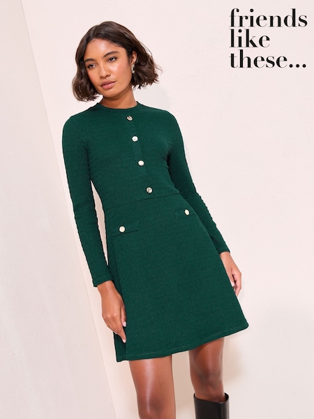 Friends Like These Bottle Green Jersey Button Detail Long Sleeve Mini Dress (H23926) | £42