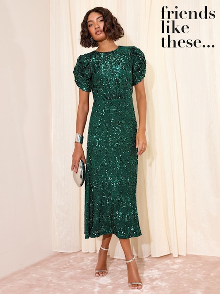 Friends Like These X Lucy Mecklenburgh Green Scoop Neck Ruched Puff Sleeve Sequin Midi Dress (H23937) | £89