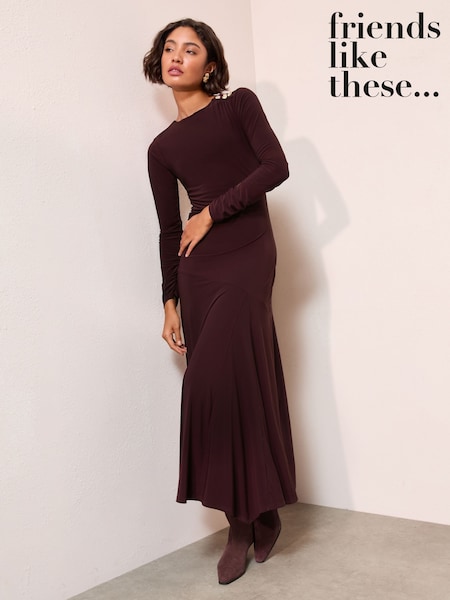 Friends Like These Aubergine Purple Long Sleeve Jersey Button Shoulder Midi Dress (H23957) | £49